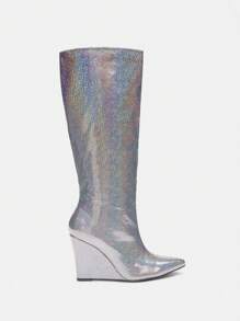 CUCCOO SZL Glitter Platform Heel Long Boots - Silver - View 2