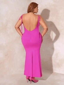 SHEIN SXY 加大號純色扭結肩帶低背部設計人魚裙裝,新年連身裙 - 玫紅色 - 查看 1