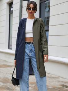 EURMUSE Two Tone Zip Up Drawstring Hooded Coat - Khaki - View 1