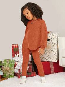 SHEIN Young Girl Solid Drop Shoulder Hooded Tee & Leggings - Orange - View 3