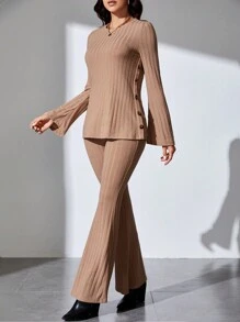 SHEIN Tall 素色開衩袖T恤&喇叭褲 - 卡其色 - 查看 6