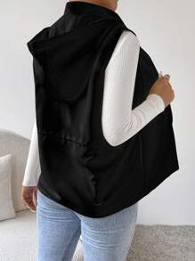 SHEIN Essnce Chaleco con capucha con cremallera y cintura con cordón acolchado, ropa de invierno - Negro - Ver 2