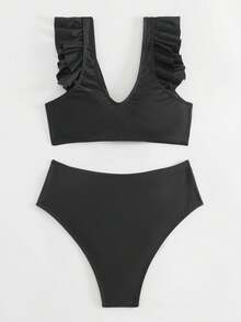 SHEIN Swim Women's Solid Color Lace Trim Twist Front Bikini Set - Black - View 2