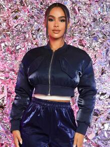 SHEIN PETITE Zipper Long Sleeve Solid Crop Bomber Jacket - Blue - View 1