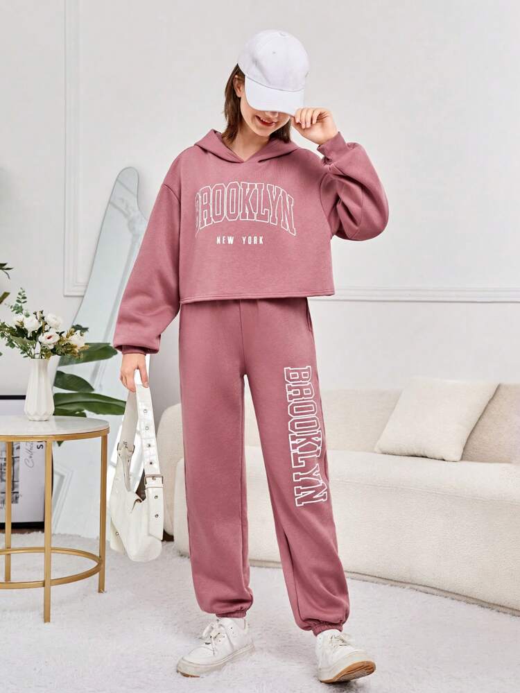 2pcs Teen Girls' Thermal Lined Hoodie And Sweatpants Set, Printed Pattern, Thickened