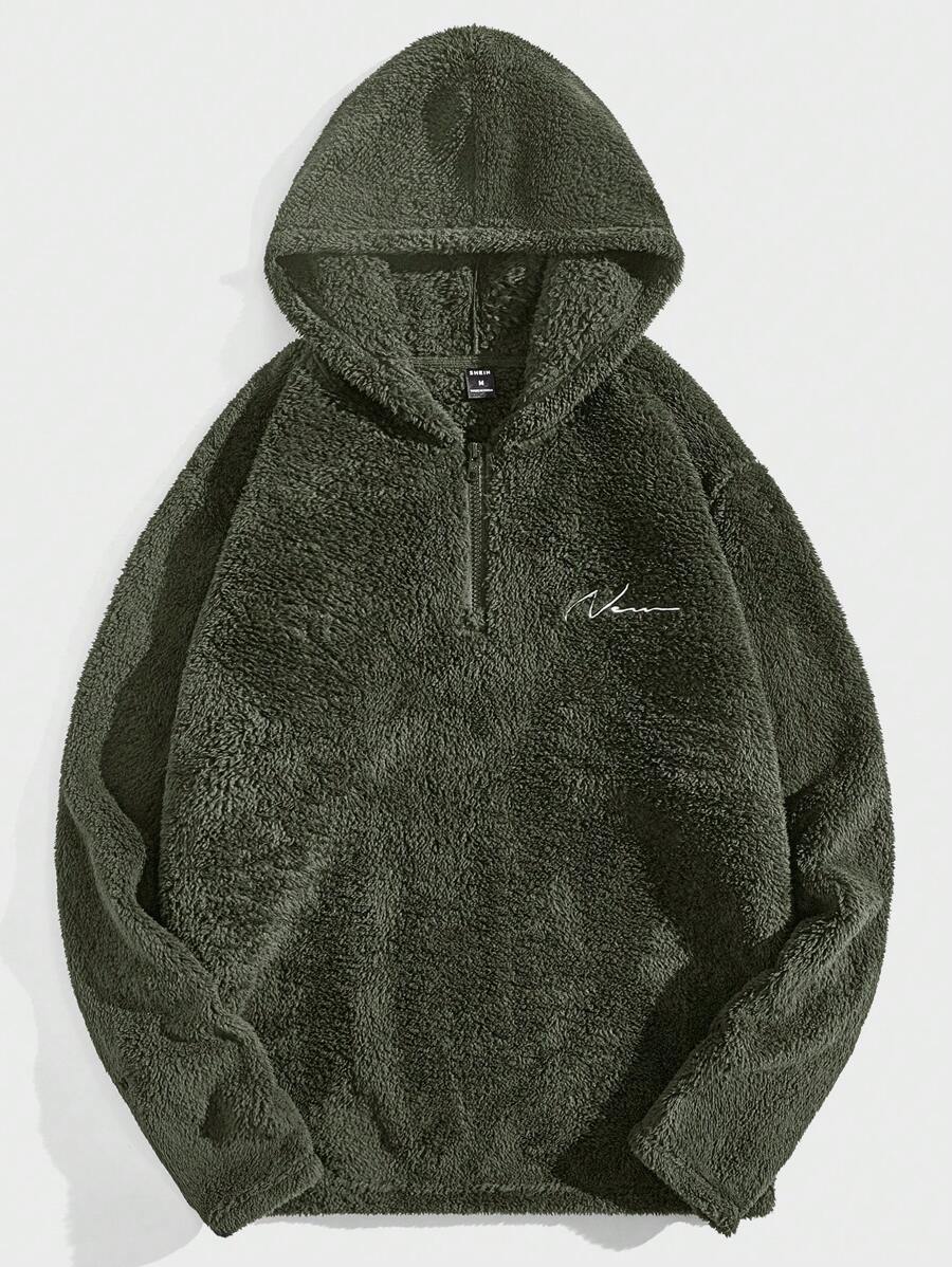 Manfinity VCAY 男士刺繡細節1/4拉鍊毛茸茸連帽衫 - 軍綠色 - 查看 1