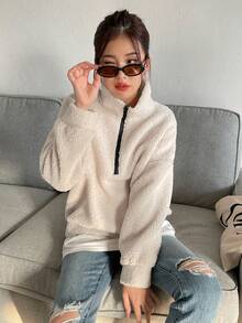 SHEIN Unity 半拉鏈落肩袖絨毛運動衫不帶T恤 - 杏色 - 查看 6