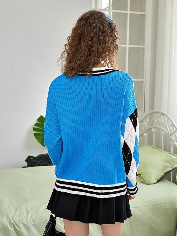 Argyle Pattern Striped Trim Drop Shoulder Cable Knit Cardigan