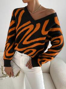 SHEIN Essnce Allover Pattern Drop Shoulder Sweater - Black - View 3