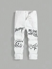 SHEIN 男大童字母和卡通圖案破洞牛仔褲 - 白色 - 查看 1