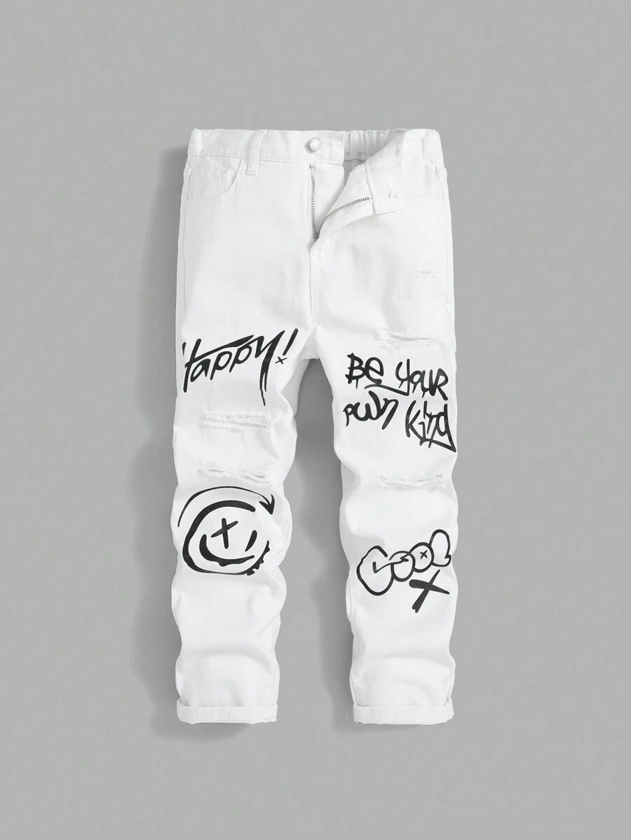 SHEIN 男大童字母和卡通圖案破洞牛仔褲 - 白色 - 查看 1