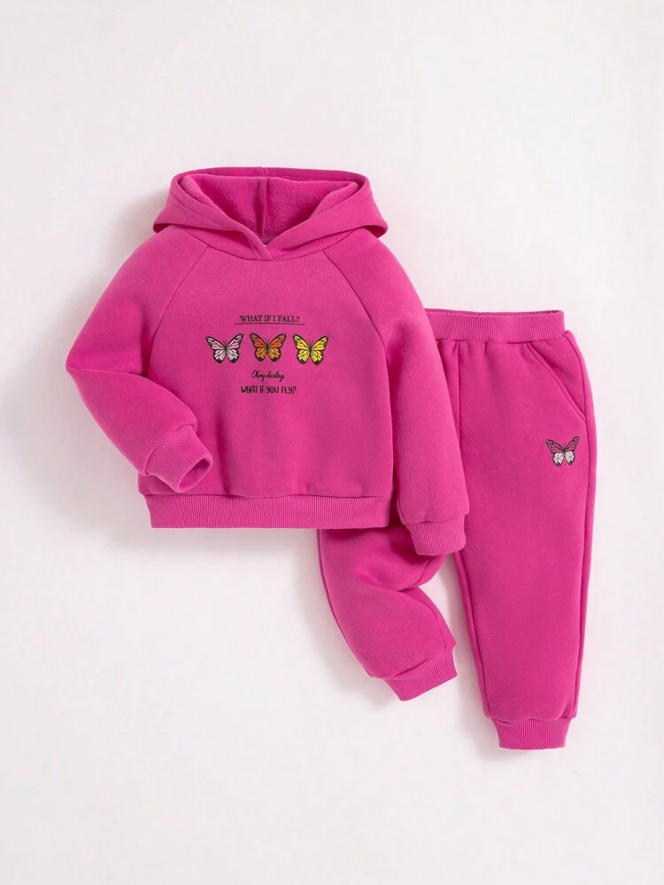 Baby Girl Butterfly & Slogan Graphic Raglan Sleeve Hoodie & Sweatpants