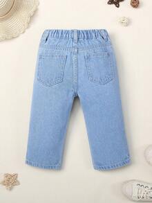 女童寶寶心形印花彈性腰牛仔褲 - 中等水洗藍 - 查看 2