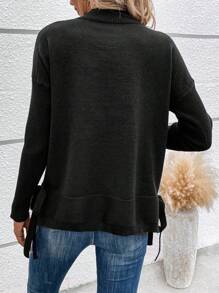 SHEIN LUNE Mock Neck Drop Shoulder Knot Side Knit Pullover Fall Winter Sweater - Black - View 2