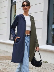 EURMUSE Two Tone Zip Up Drawstring Hooded Coat - Khaki - View 4