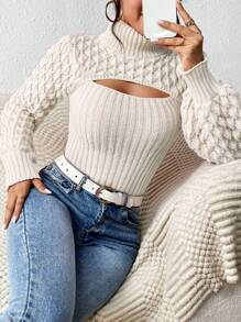 女士高领长袖镂空设计时尚毛衣，秋冬 - 杏色 - 查看 4