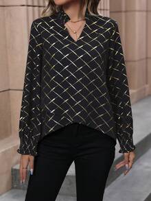 SHEIN EZwear Vàng In Argyle Shirred Cuff Áo sơ mi - màu đen - Xem 3