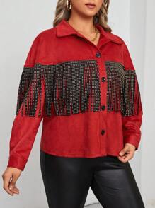 SHEIN LUNE Talla grande Cazadora ribete con fleco con botón delantero - Burdeos - Ver 5