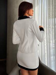 SHEIN Privé Contrast Trim Button Front Jacket & Bodycon Skirt - Black and White - View 3