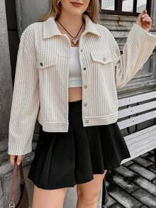 Flirla Plus Drop Shoulder Flap Detail Corduroy Jacket - Apricot - View 5