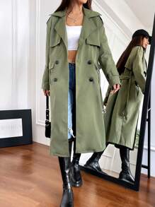 SHEIN Unity Double Breasted Belted Trench Coat - Army Green - View 5