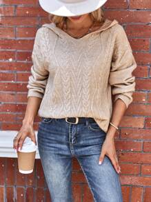 Aveloria 麻花针织落肩连帽套头衫秋冬毛衣 - 卡其色 - 查看 4