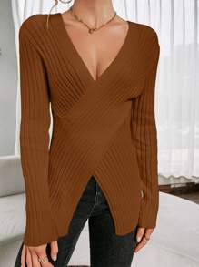 SHEIN Clasi Crossover Ribbed Knit Pullover Fall Winter Sweater - Brown - View 5
