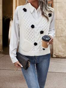 Chiquease 1入組花卉圖案麻花編織毛衣背心 - 白色 - 查看 6