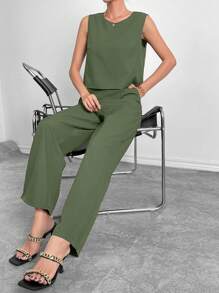 SHEIN Essnce Solid Tank Top & Wide Leg Pants - Army Green - View 5