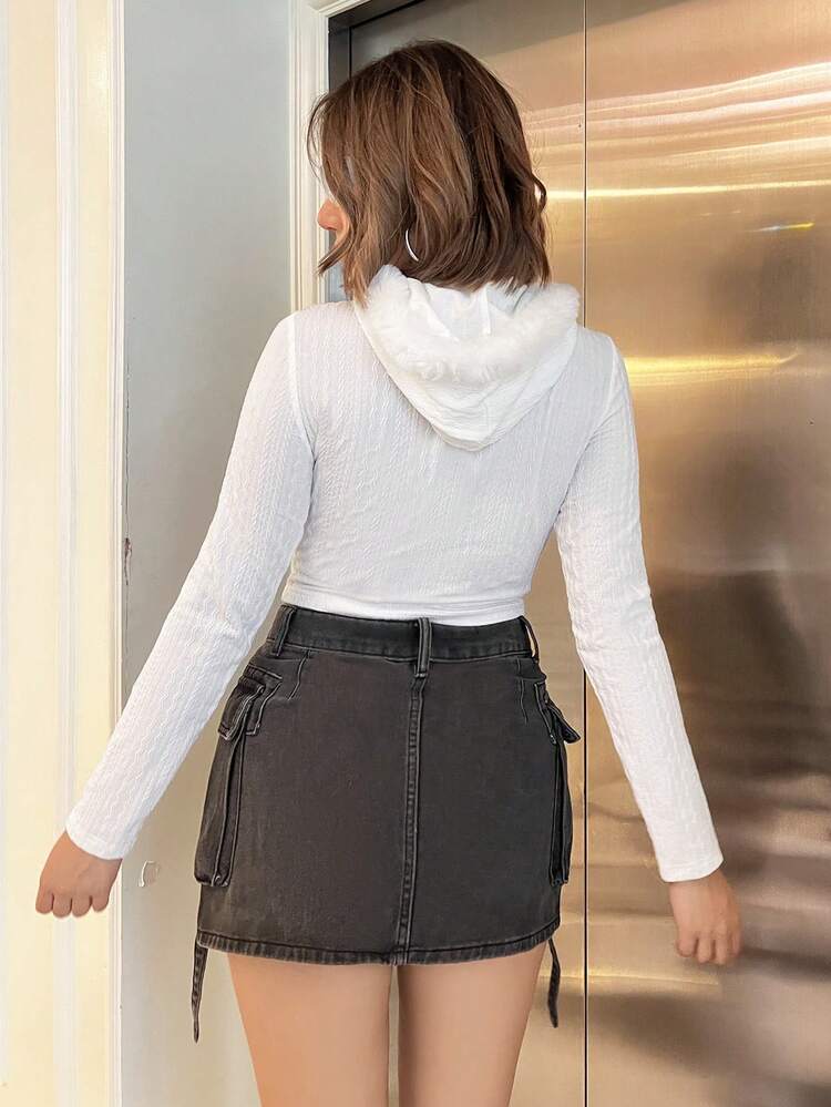 Fuzzy Trim Lace Up Front Crop Tee