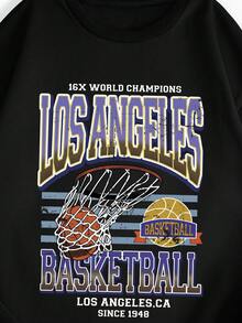 男士大码籃球和字母圖案加絨內裏套頭衫 - 黑色 - 查看 3