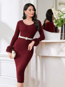 Modelyn Vestido suéter de color rojo burdeos sin cinturón con puños de felpa - Burdeos - Ver 1