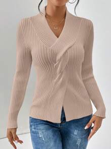 SHEIN Unity 前扭結條紋針織下擺開叉套頭毛衣 - 杏色 - 查看 3