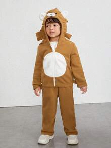 SHEIN Young Boy Cartoon Embroidery 3D Ears Design Hooded Jacket & Pants - Brown - View 3
