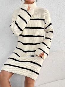 Flirla Striped Pattern Drop Shoulder Sweater Dress