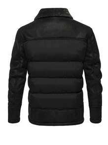 Men Patched Detail Borg Collar Padded Coat - Black - View 2