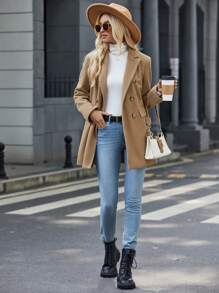 SHEIN LUNE Lapel Neck Double Breasted Overcoat - Camel - View 3