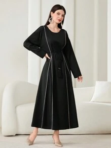 Al Najma Contrast Piping Tassel Belted Dress - Black - View 3