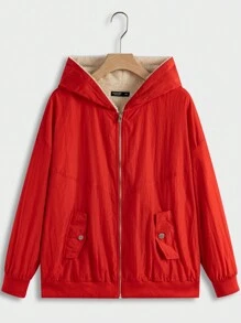 SHEIN EZwear Plus Zip Up Thermal Lined Hooded Jacket - Red - View 2