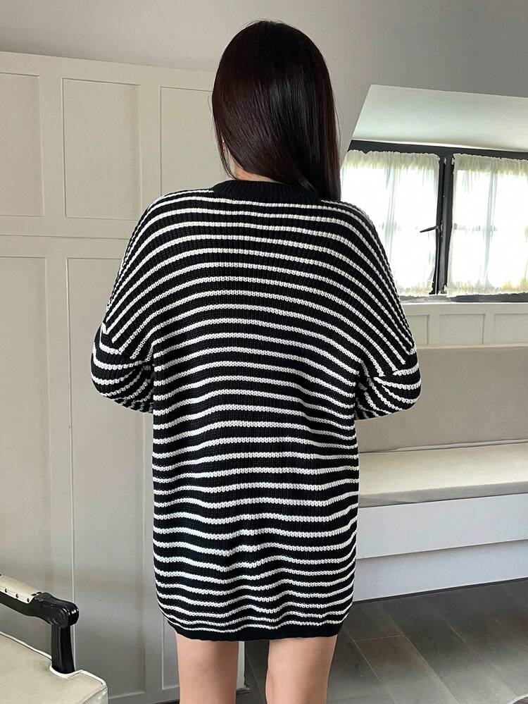 Striped Pattern Drop Shoulder Knit Pullover Fall Winter Sweater
