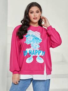 SHEIN X The Smurfs Plus Letter & Cartoon Graphic Drop Shoulder 2 In 1 Sweatshirt - Pink - View 7