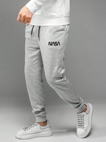 RueChic Men Letter Graphic Drawstring Waist Joggers - Grey - View 5