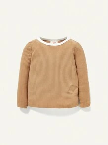 4入組嬰幼女士貼身睡衣裝，色塊撞色圓領長袖上衣與長褲套裝 - 卡其色 - 查看 4