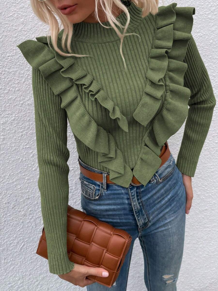 Chiquease Mock Neck Ruffle Trim Ribbed Knit Sweater Knit Pullover Fall Winter Outfit - Green - View 1