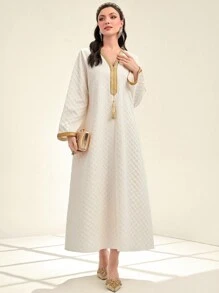 Al Najma Contrast Trim Tassel Detail Dress, Modest - Apricot - View 5