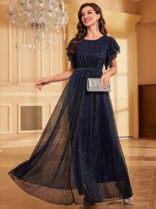 SHEIN Belle Đầm Maxi Dự Tiệc Sang Trọng Viền Lưới Đính Kim Sa Lấp Lánh Cho Trang Phục Dự Tiệc Ngày Lễ Cho Nữ - Màu xanh hải quân - Xem 6
