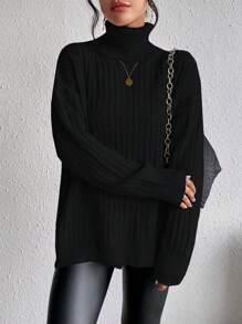 SHEIN Clasi Turtleneck Drop Shoulder Split Hem Knit Pullover Fall Winter Sweater - Black - View 7
