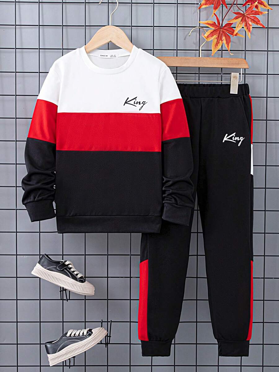 SHEIN Chico preadolescente Pantalones deportivos con sudadera con estampado de letra de color combinado - Multicolor - Ver 1