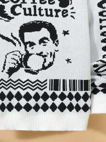 SHEIN Tween Boy Letter & Figure Pattern Drop Shoulder Sweater Without Shirt,In Fall/Winter - Black and White - View 5