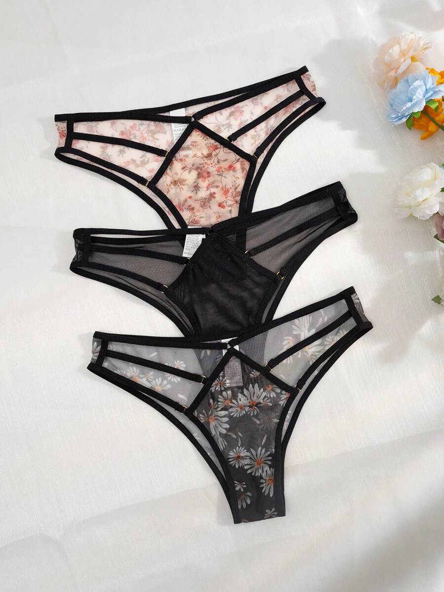 SHEIN 3packs Floral Print Mesh Cut Out Panties Lingerie